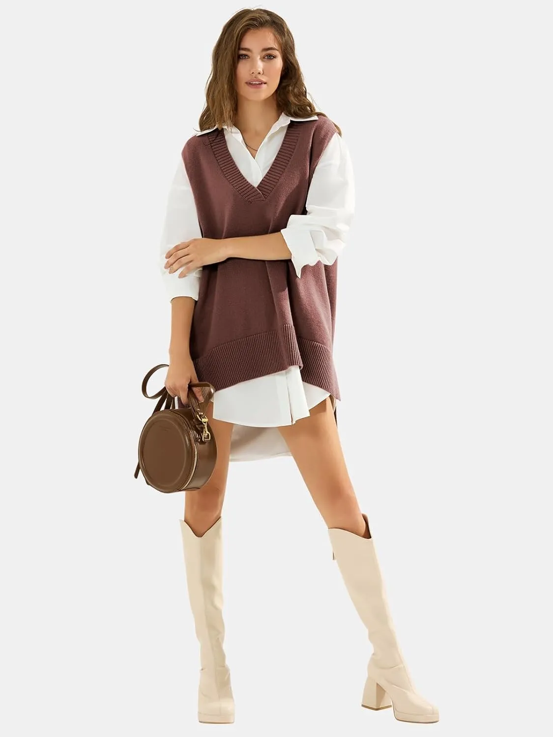EXLURA Womens Oversized Sweater Vest Knit V Neck Tunic Casual Sleeveless Long Pullover Tank Tops Winter Spring Trendy 2025