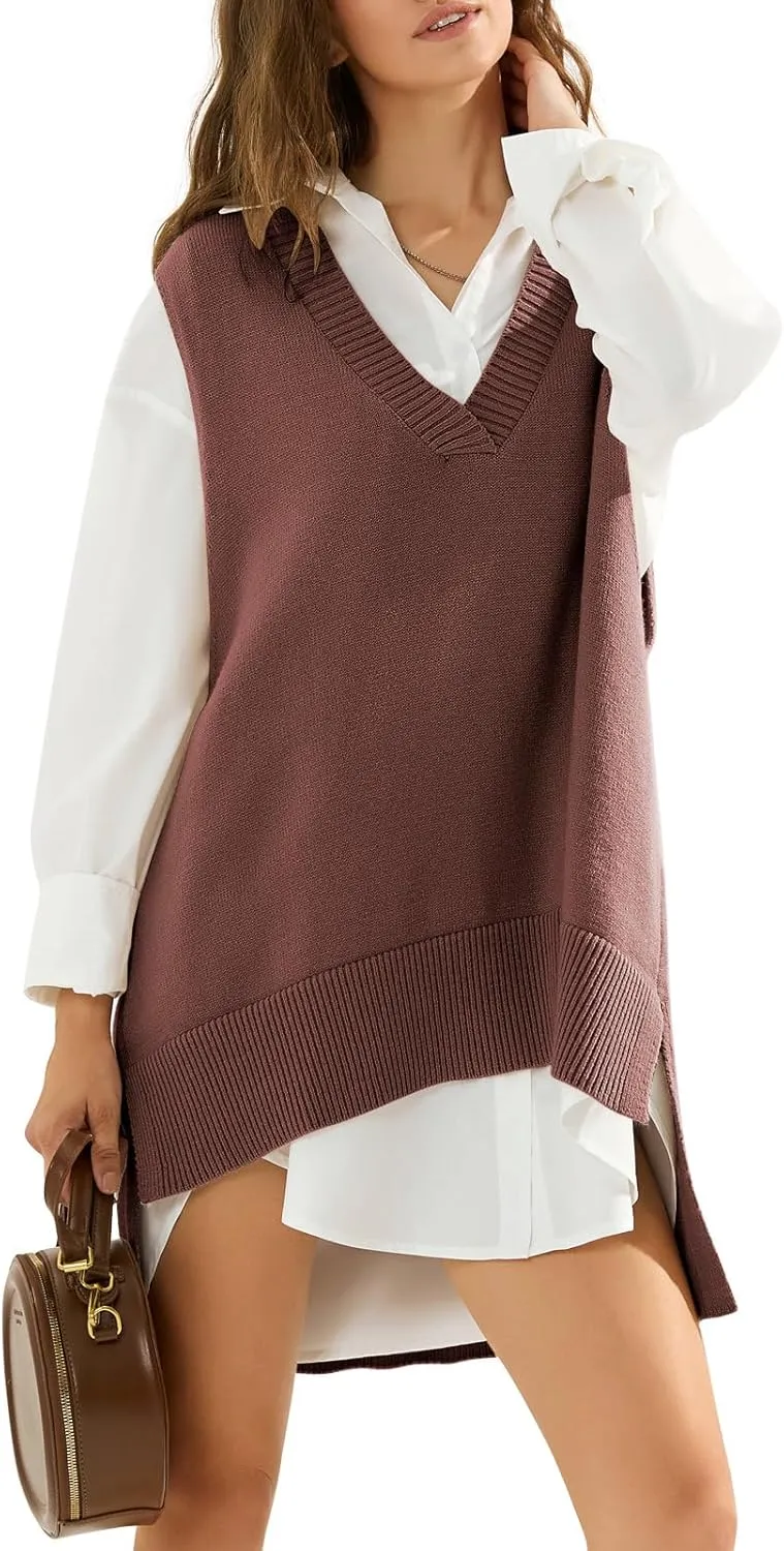 EXLURA Womens Oversized Sweater Vest Knit V Neck Tunic Casual Sleeveless Long Pullover Tank Tops Winter Spring Trendy 2025