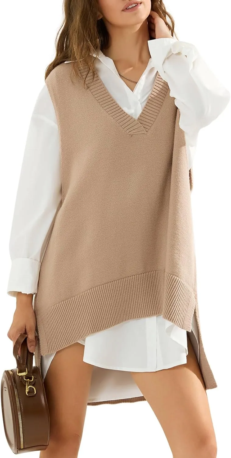 EXLURA Womens Oversized Sweater Vest Knit V Neck Tunic Casual Sleeveless Long Pullover Tank Tops Winter Spring Trendy 2025