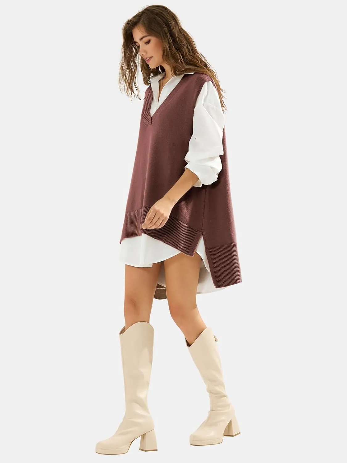 EXLURA Womens Oversized Sweater Vest Knit V Neck Tunic Casual Sleeveless Long Pullover Tank Tops Winter Spring Trendy 2025