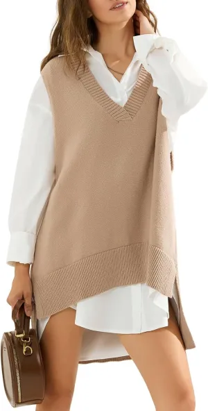 EXLURA Womens Oversized Sweater Vest Knit V Neck Tunic Casual Sleeveless Long Pullover Tank Tops Winter Spring Trendy 2025