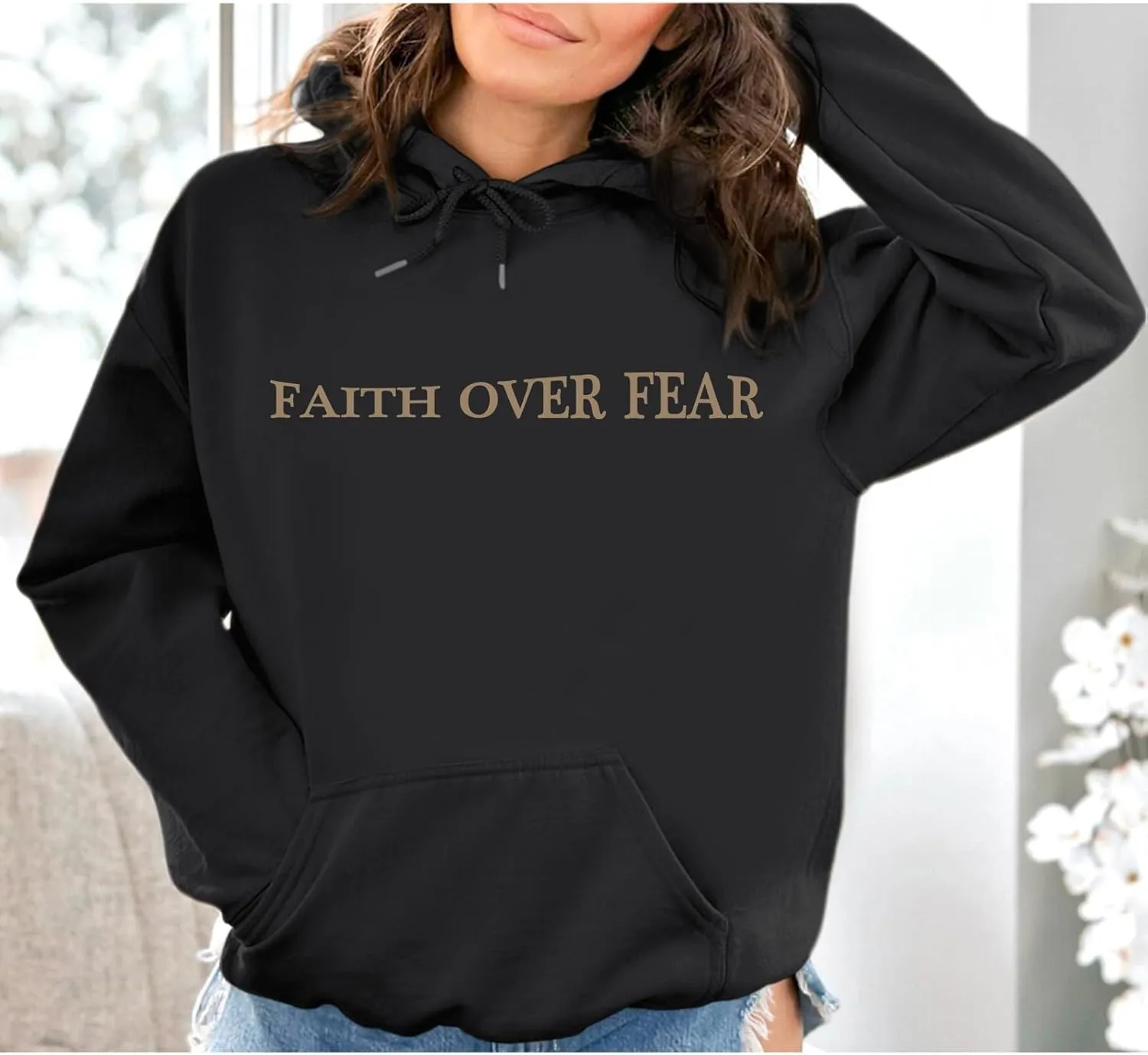 Faith Over Fear Hoodie for Women Christian Jesus Inspirational Sweatshirts Religious Oversized Graphic Pullover Tops