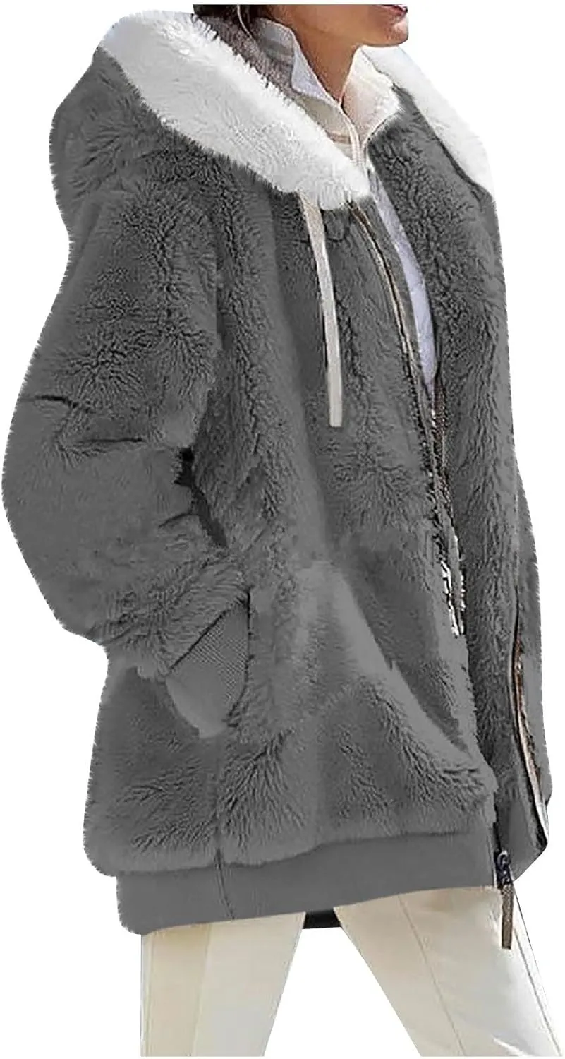 Fall Outfits for Women Zipper Color Block Outerwear Long Sleeve Fleece Plush Stitching Coats Warm Hooded Jacket