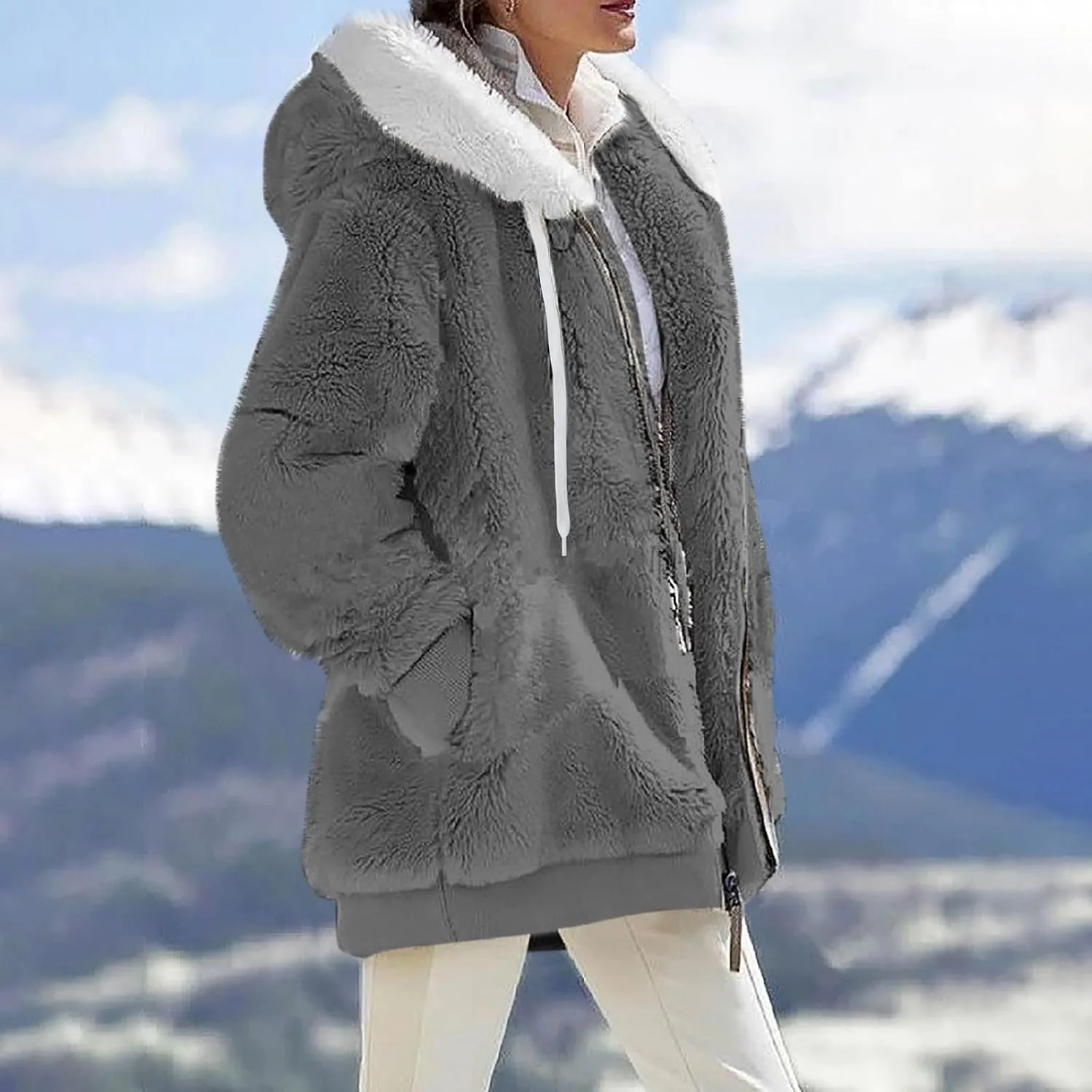 Fall Outfits for Women Zipper Color Block Outerwear Long Sleeve Fleece Plush Stitching Coats Warm Hooded Jacket