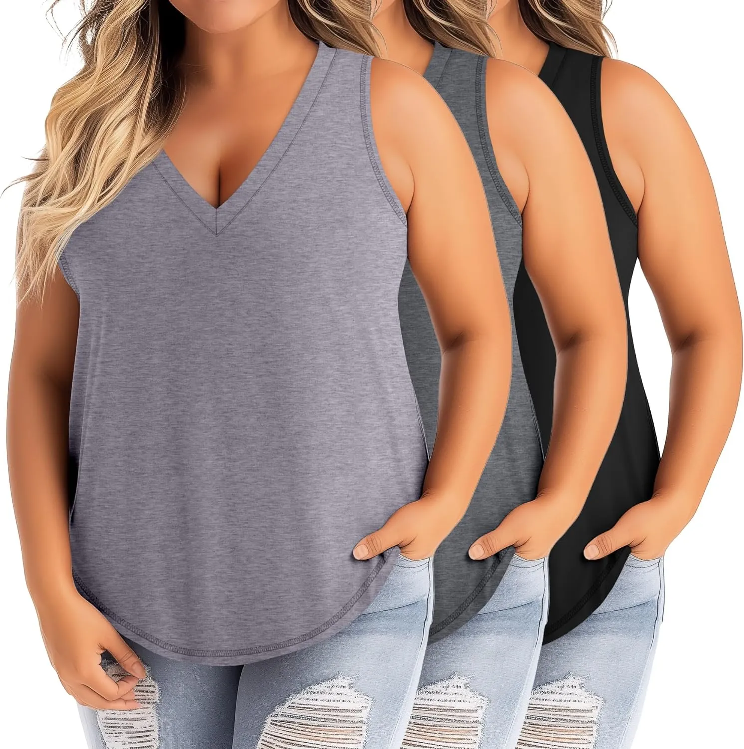 Ficerd 3 Pack Plus Size Women's Tank Top Deep V Neck Summer Shirt Cotton Loose Fit Top Sleeveless Casual Workout Shirts(Black, Dark Mixed Gray, Light Mixed Gray,5X-Large)