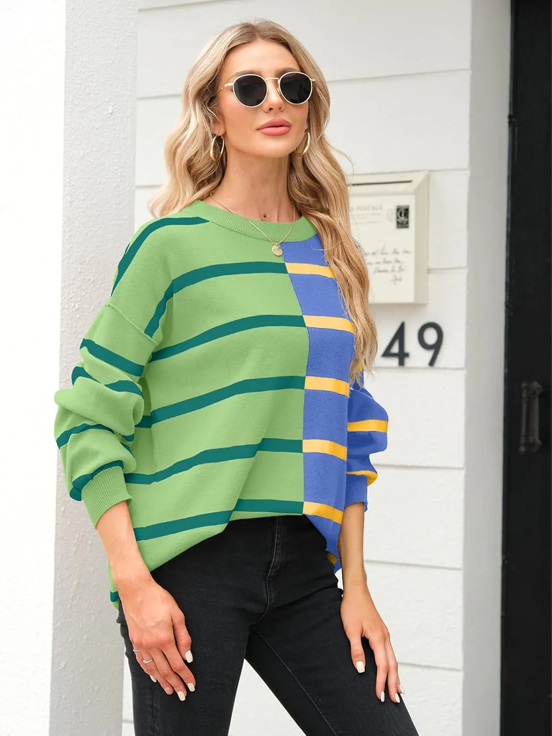 Fisoew Womens Striped Pullover Sweater Crew Neck Long Sleeve Knitted Color Block Casual Loose Lightweight Sweaters for Women