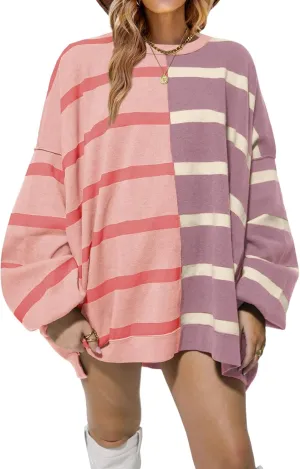 Fisoew Womens Striped Pullover Sweater Crew Neck Long Sleeve Knitted Color Block Casual Loose Lightweight Sweaters for Women