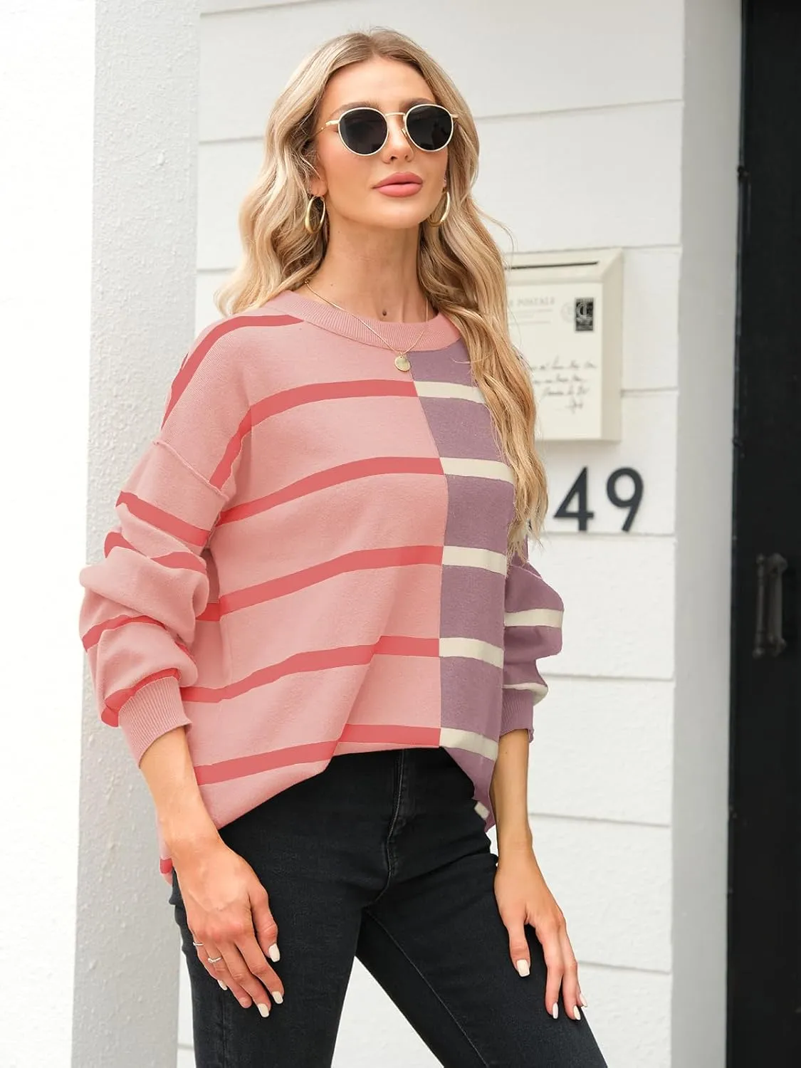 Fisoew Womens Striped Pullover Sweater Crew Neck Long Sleeve Knitted Color Block Casual Loose Lightweight Sweaters for Women