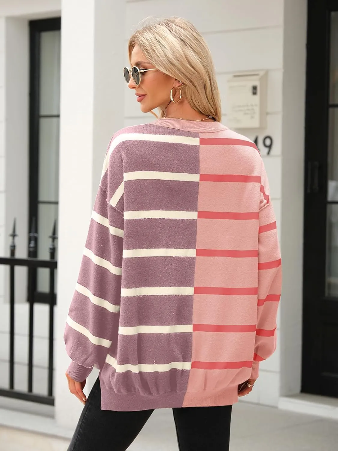 Fisoew Womens Striped Pullover Sweater Crew Neck Long Sleeve Knitted Color Block Casual Loose Lightweight Sweaters for Women