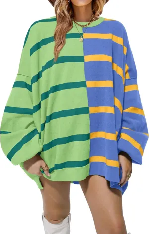 Fisoew Womens Striped Pullover Sweater Crew Neck Long Sleeve Knitted Color Block Casual Loose Lightweight Sweaters for Women