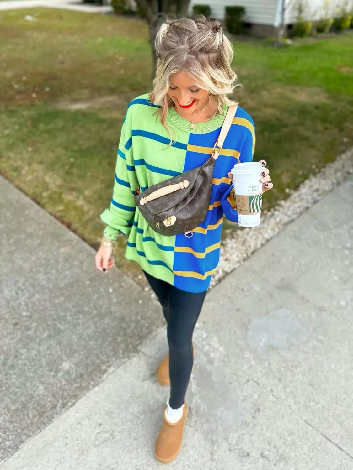 Fisoew Womens Striped Pullover Sweater Crew Neck Long Sleeve Knitted Color Block Casual Loose Lightweight Sweaters for Women