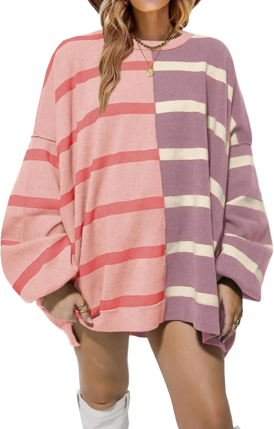 Fisoew Womens Striped Pullover Sweater Crew Neck Long Sleeve Knitted Color Block Casual Loose Lightweight Sweaters for Women