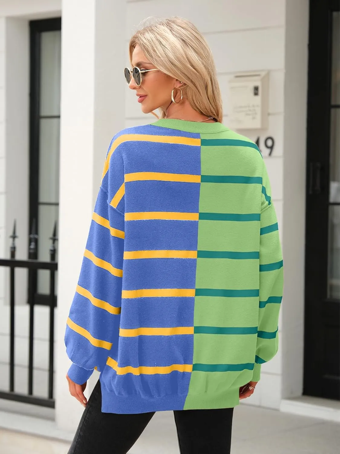 Fisoew Womens Striped Pullover Sweater Crew Neck Long Sleeve Knitted Color Block Casual Loose Lightweight Sweaters for Women