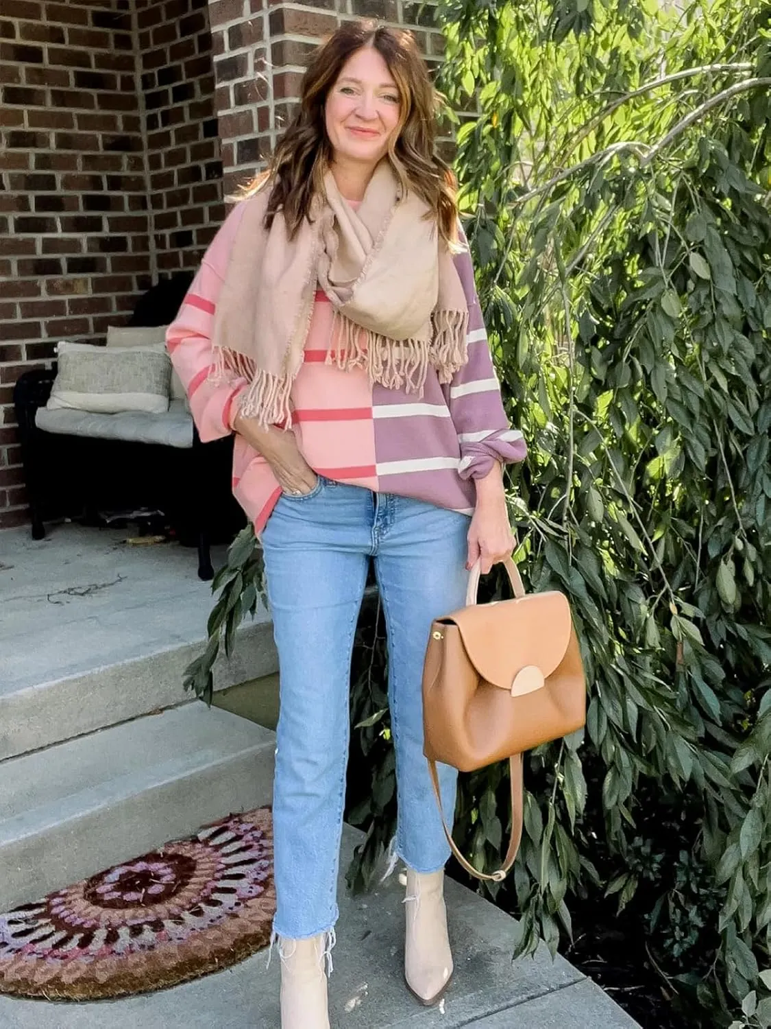 Fisoew Womens Striped Pullover Sweater Crew Neck Long Sleeve Knitted Color Block Casual Loose Lightweight Sweaters for Women