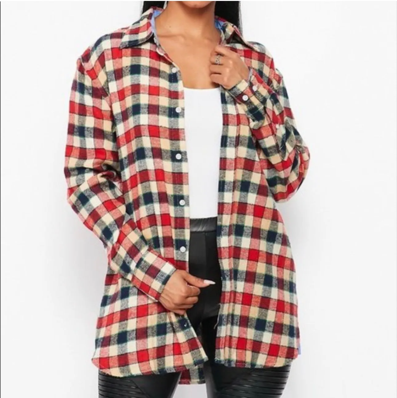 Flannel Babe Red/Blue Long Sleeve Plaid Unisex Oversize Button Up Shirt