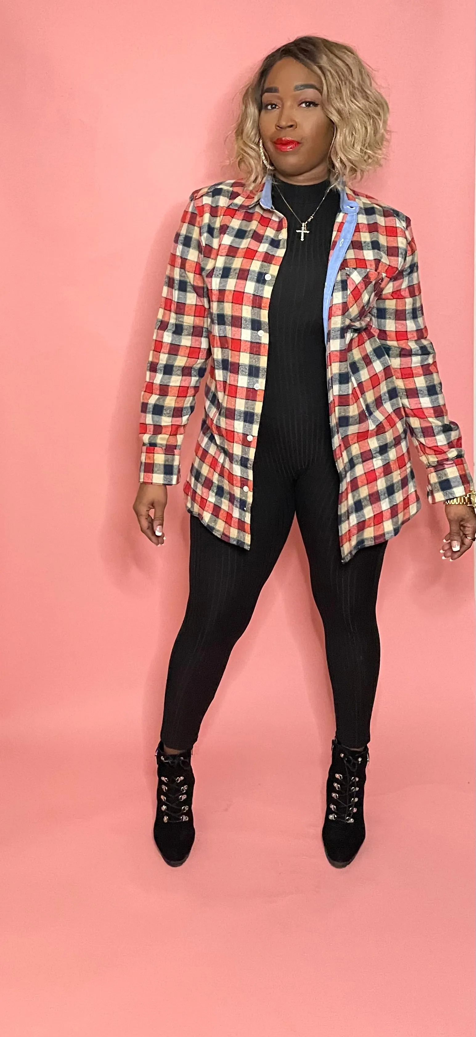 Flannel Babe Red/Blue Long Sleeve Plaid Unisex Oversize Button Up Shirt