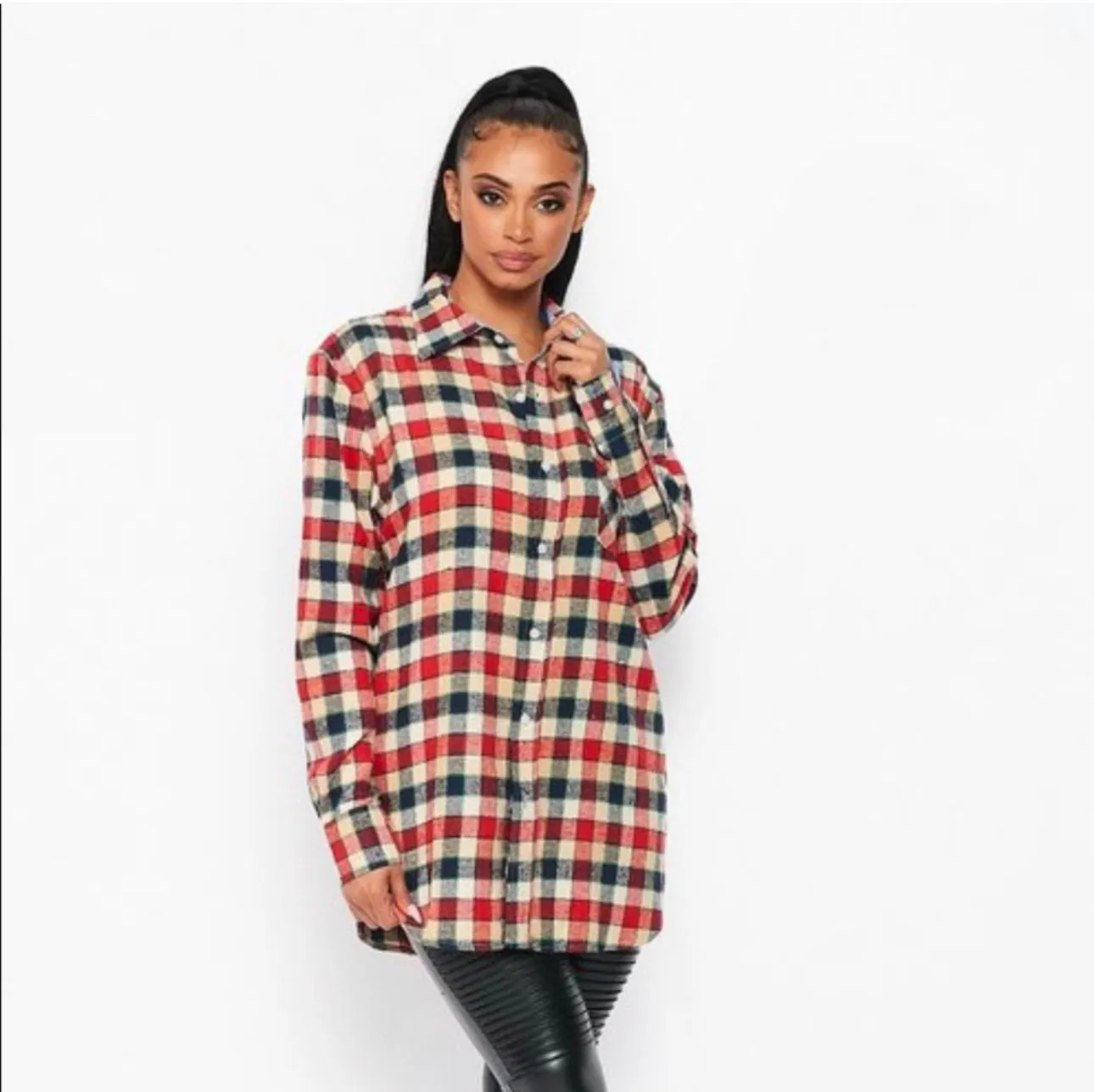 Flannel Babe Red/Blue Long Sleeve Plaid Unisex Oversize Button Up Shirt