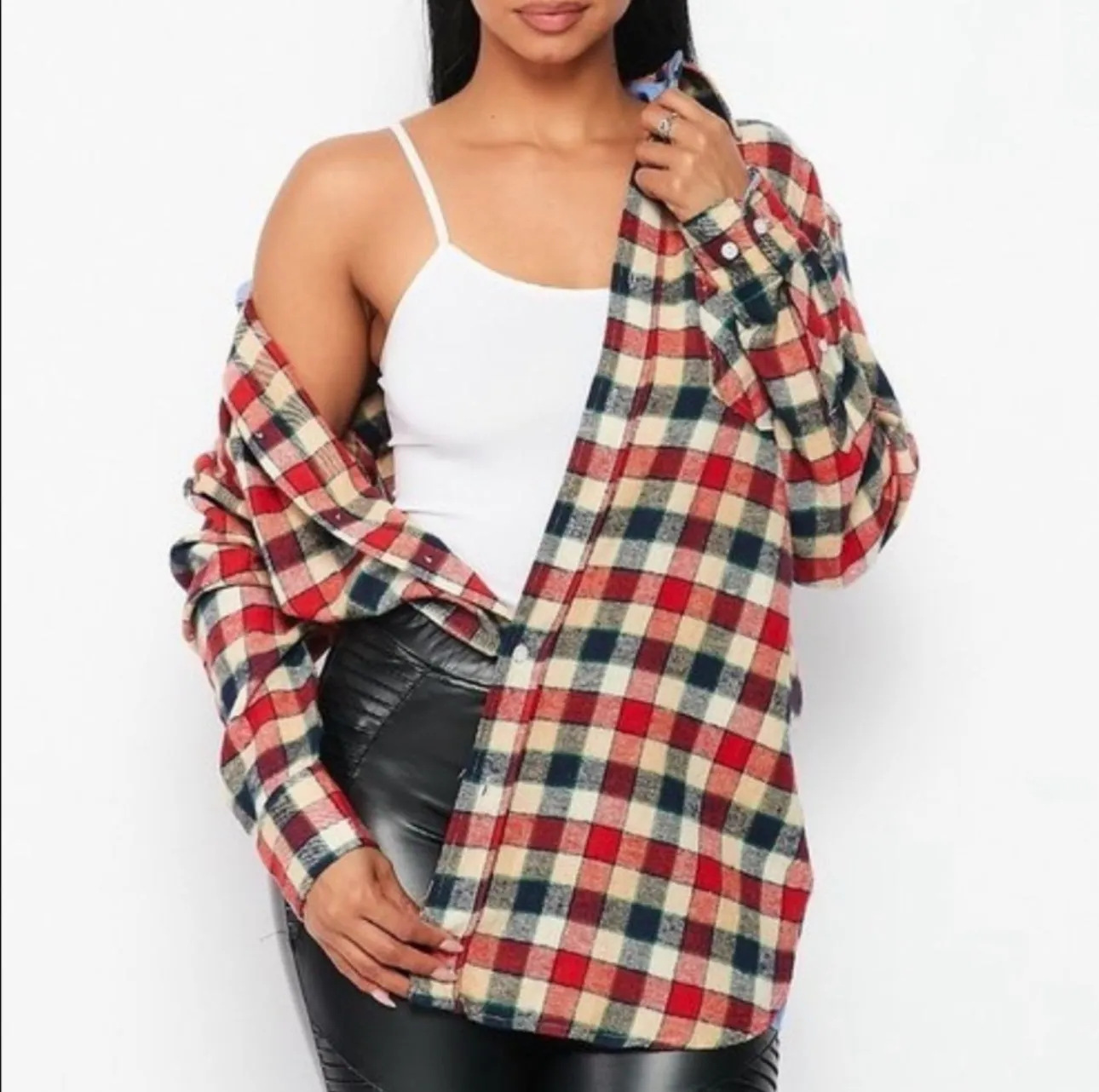Flannel Babe Red/Blue Long Sleeve Plaid Unisex Oversize Button Up Shirt