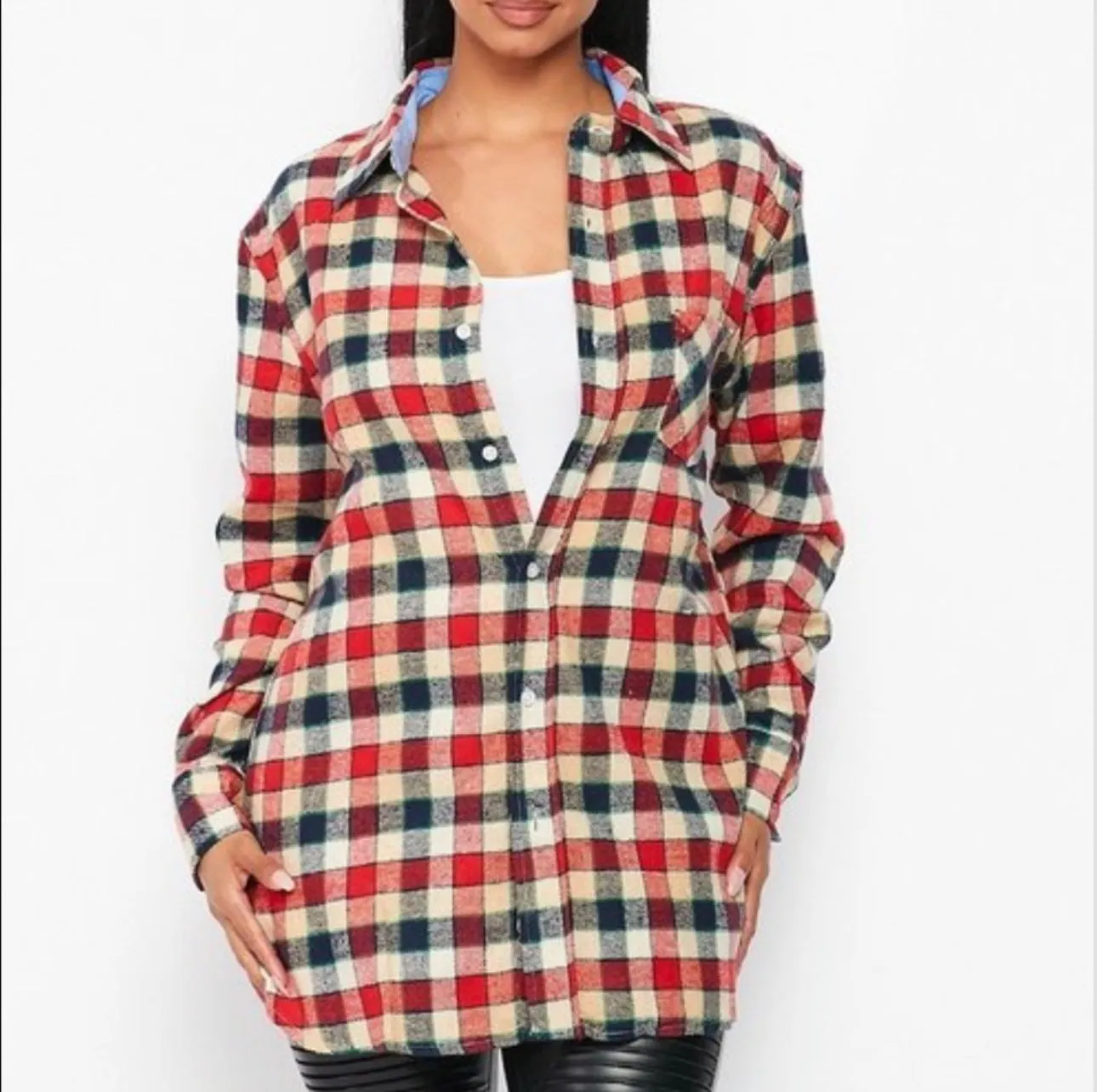 Flannel Babe Red/Blue Long Sleeve Plaid Unisex Oversize Button Up Shirt