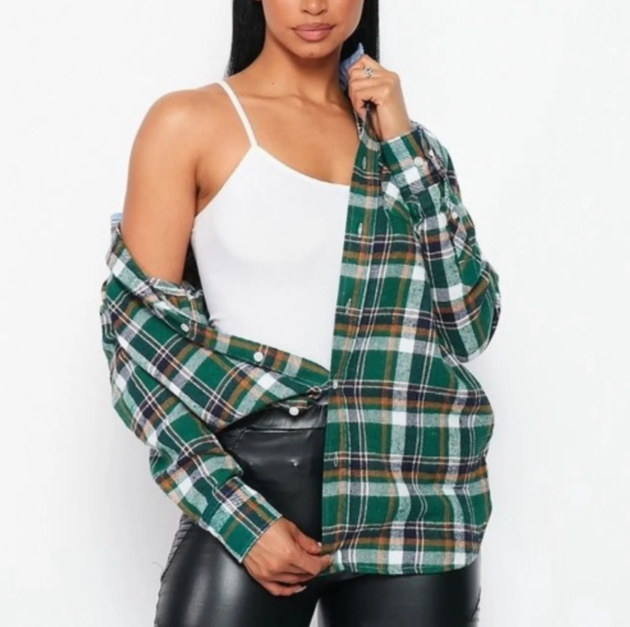 Flannel Babe Unisex Green Plaid Long Sleeve Oversized Button Down Shirt