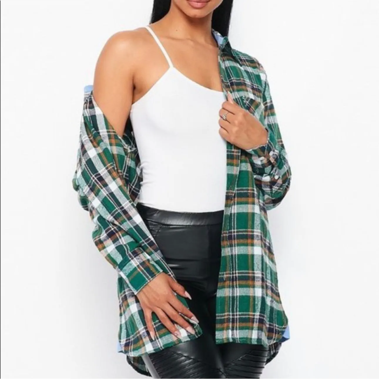 Flannel Babe Unisex Green Plaid Long Sleeve Oversized Button Down Shirt