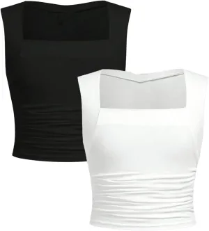 Floerns Girl's 2 Pcs Sleeveless Shirts Square Neck Solid Ruched Tank Top