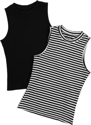 Floerns Women's 2 Piece Sleeveless Rib Knit Round Neck Camisole Tank Top