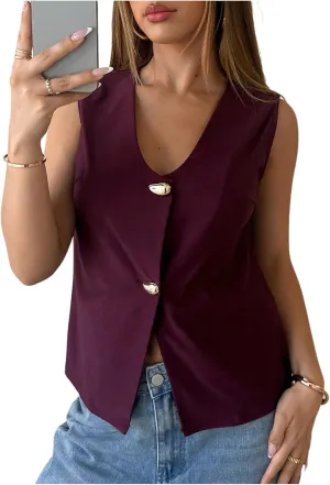 Floerns Women's Casual Sleeveless Vest V Neck Button Front Work Tank Top