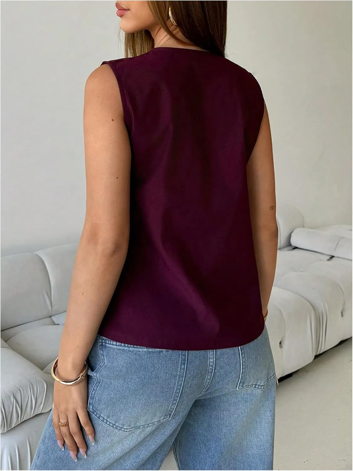 Floerns Women's Casual Sleeveless Vest V Neck Button Front Work Tank Top