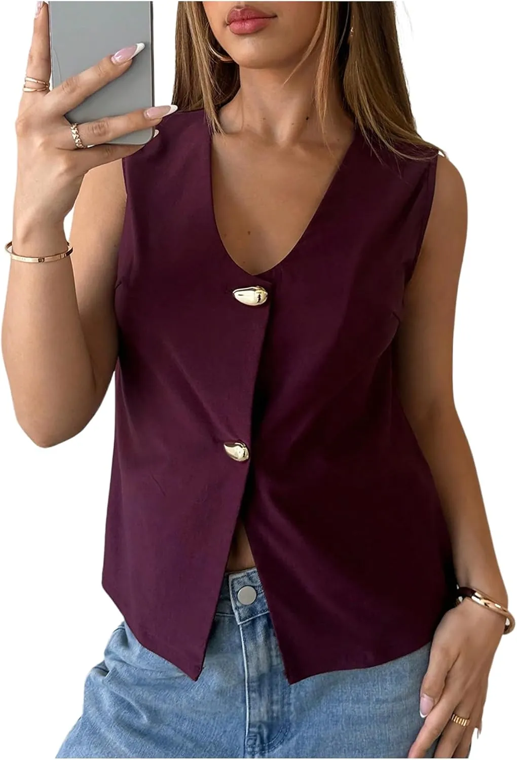 Floerns Women's Casual Sleeveless Vest V Neck Button Front Work Tank Top