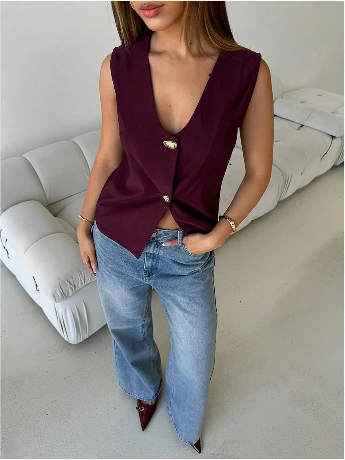 Floerns Women's Casual Sleeveless Vest V Neck Button Front Work Tank Top