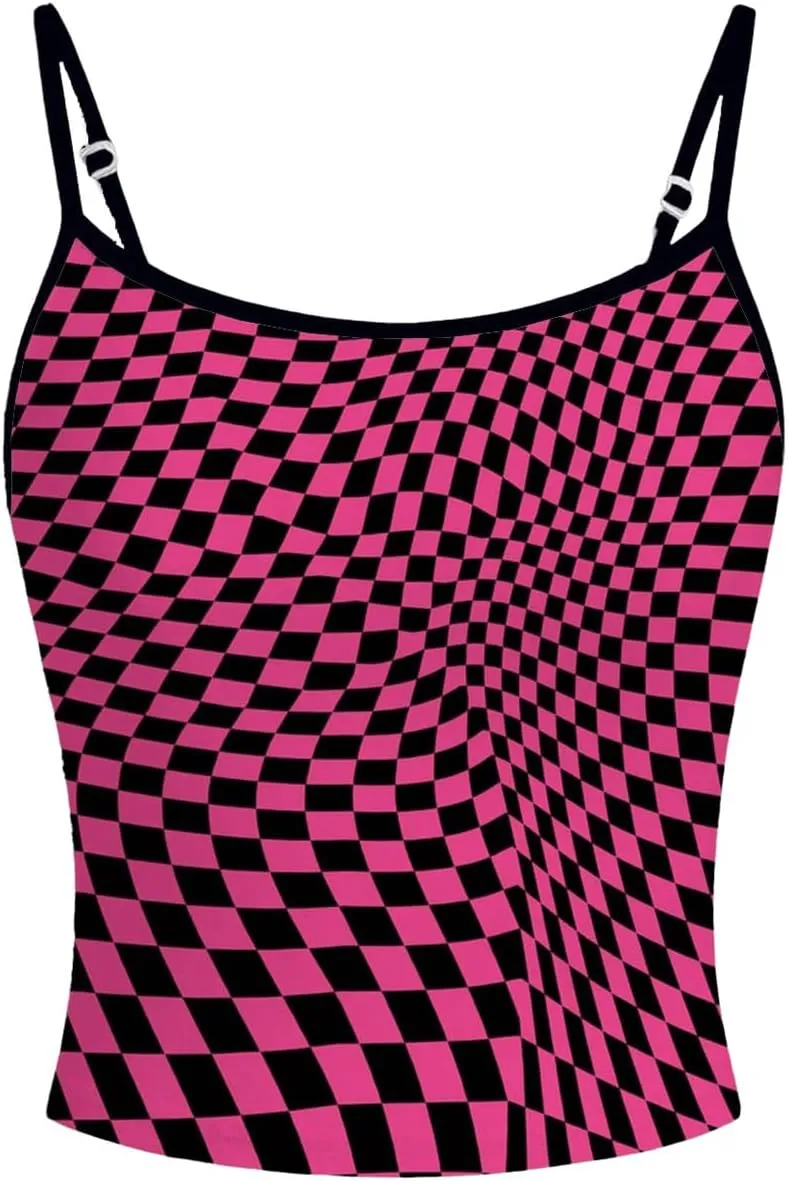 Floerns Women's Checkerboard Crew Neck Camisole Y2k Spaghetti Strap Crop Cami Top