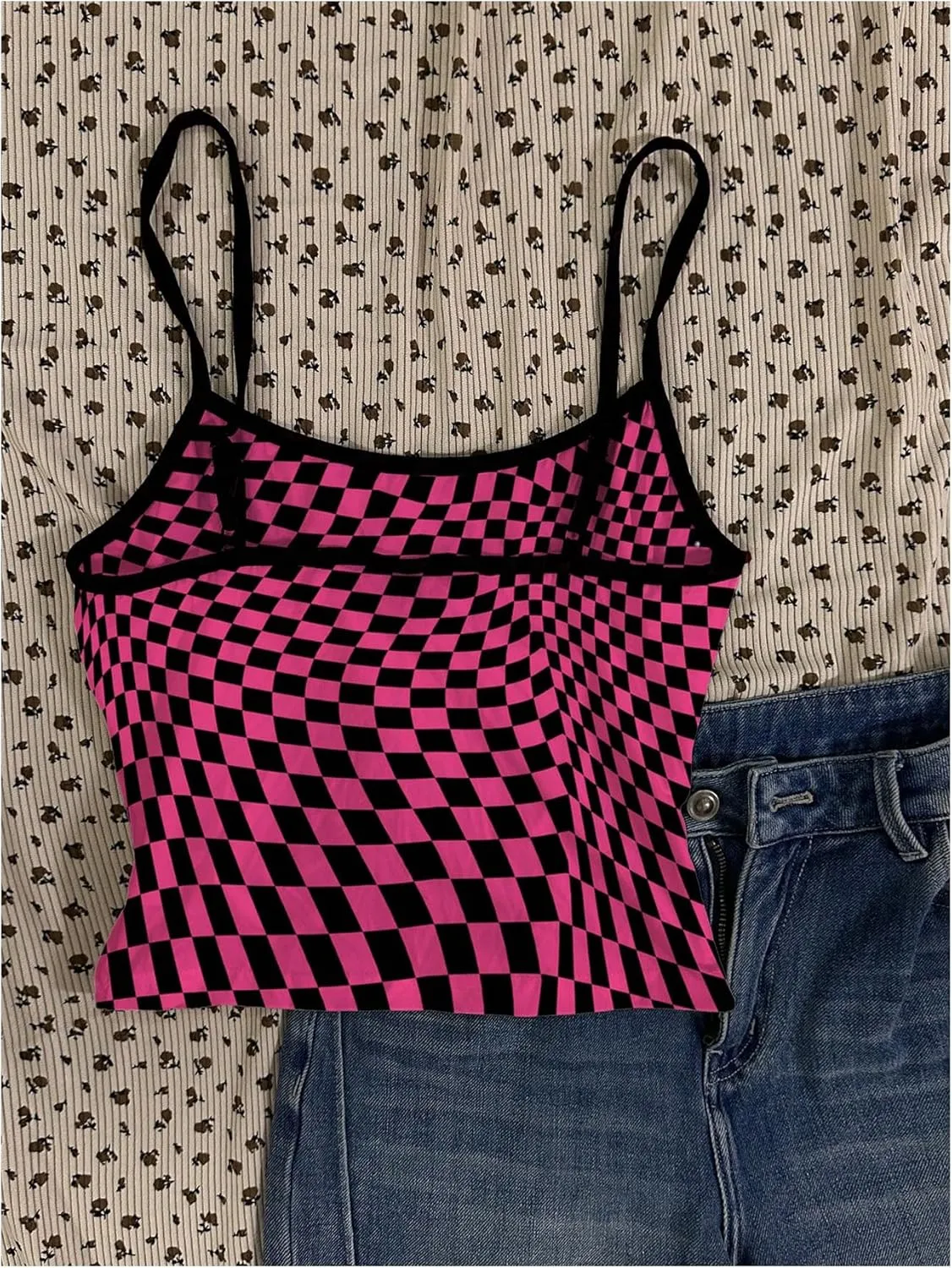 Floerns Women's Checkerboard Crew Neck Camisole Y2k Spaghetti Strap Crop Cami Top