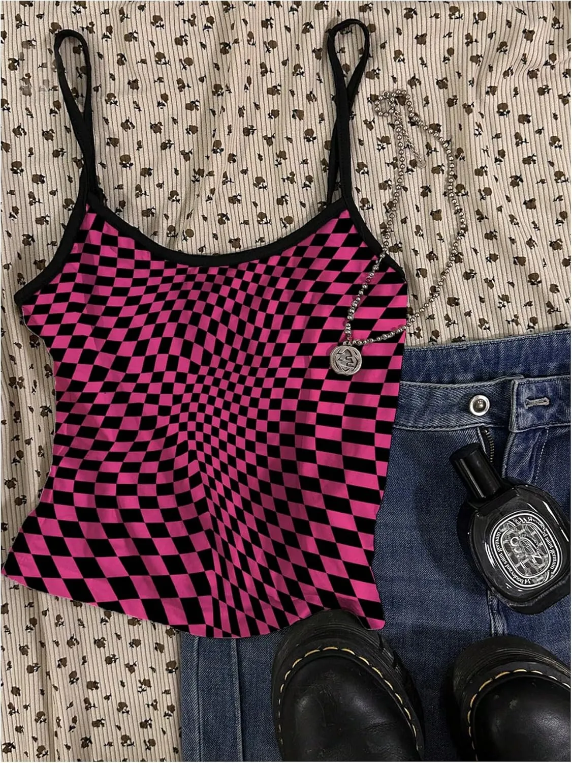Floerns Women's Checkerboard Crew Neck Camisole Y2k Spaghetti Strap Crop Cami Top