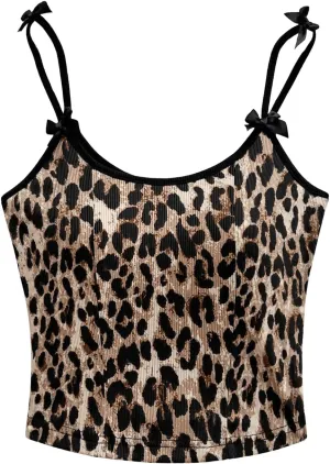 Floerns Women's Cheetah Print Crop Cami Top Leopard Sleeveless Cute Bow Camisole