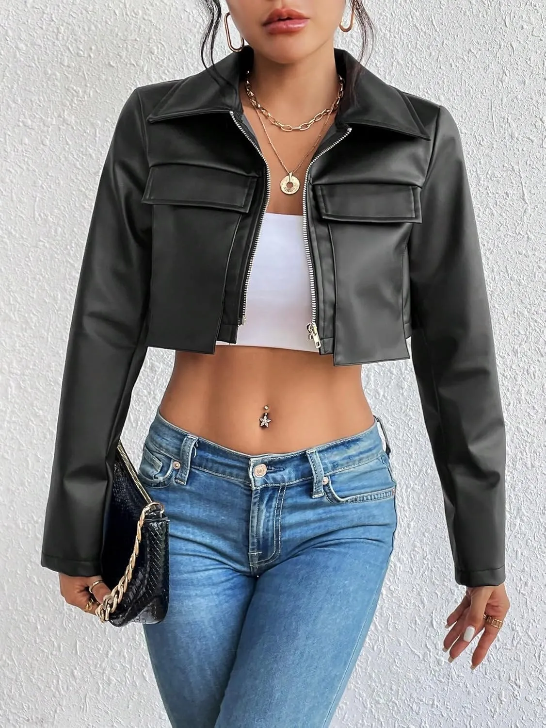 Floerns Women's Flap Pocket Long Sleeve PU Leather Zip Up Crop Top Jacket