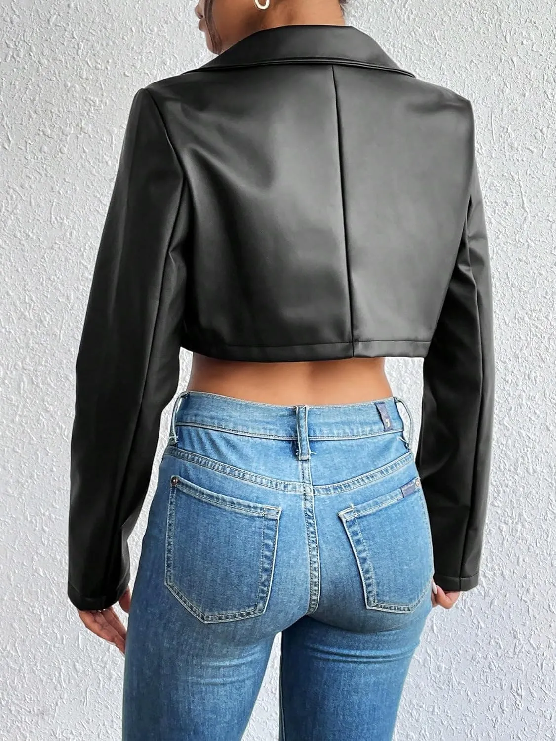 Floerns Women's Flap Pocket Long Sleeve PU Leather Zip Up Crop Top Jacket