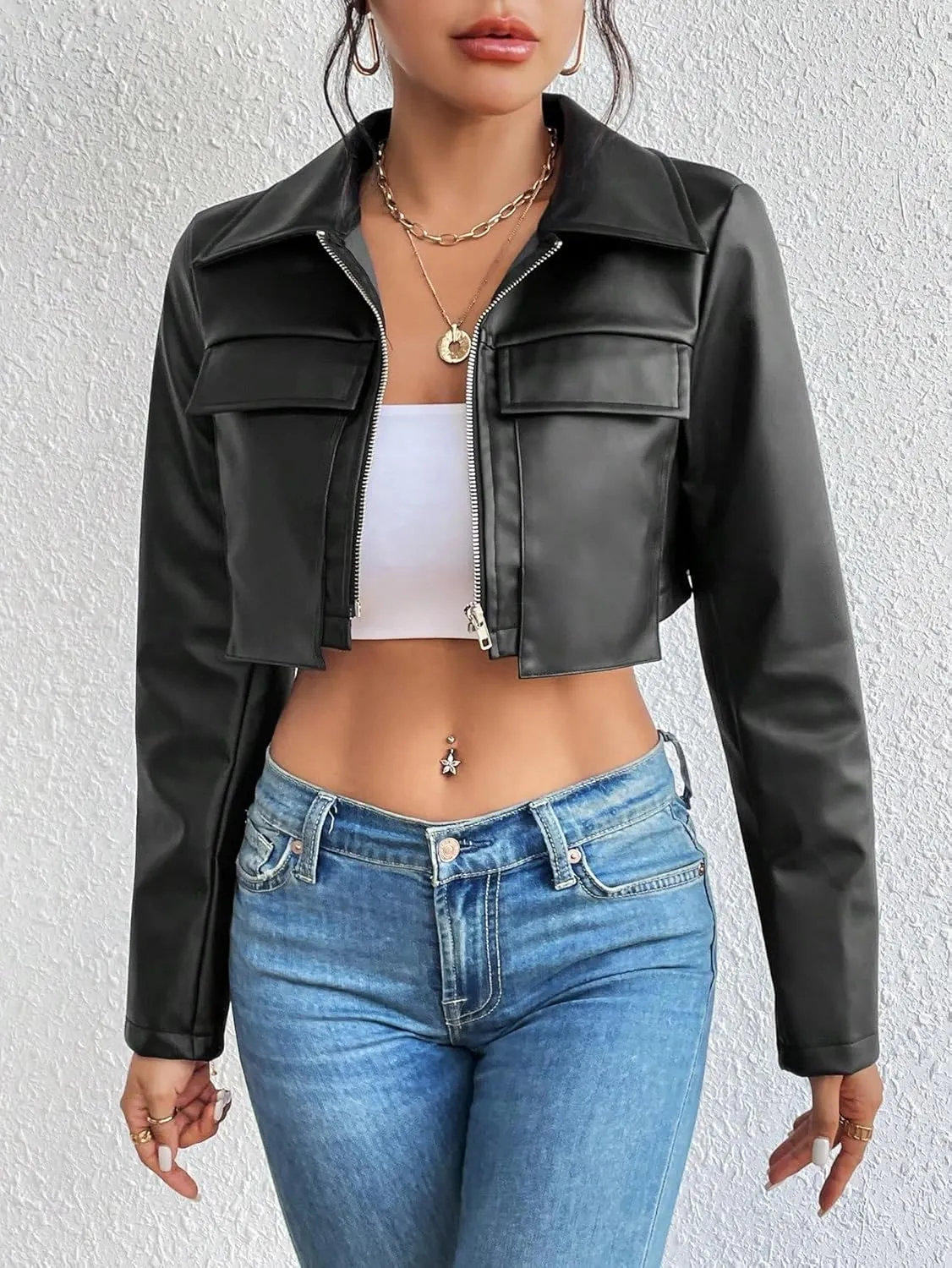 Floerns Women's Flap Pocket Long Sleeve PU Leather Zip Up Crop Top Jacket