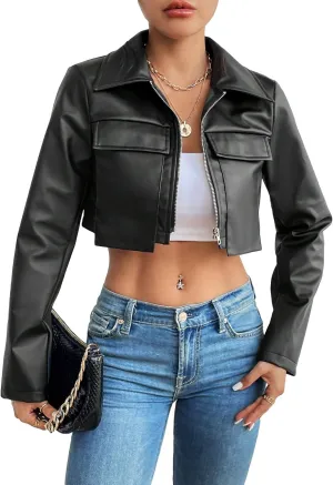 Floerns Women's Flap Pocket Long Sleeve PU Leather Zip Up Crop Top Jacket