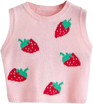 Floerns Women's Sleeveless Round Neck Cute Strawberry Sweater Vest Crop Shirt Top