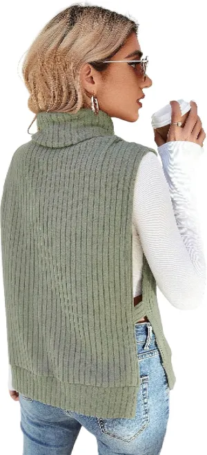 Floerns Women's Turtleneck Sleeveless Sweater Vest Rib Knit Split Hem Tank Top