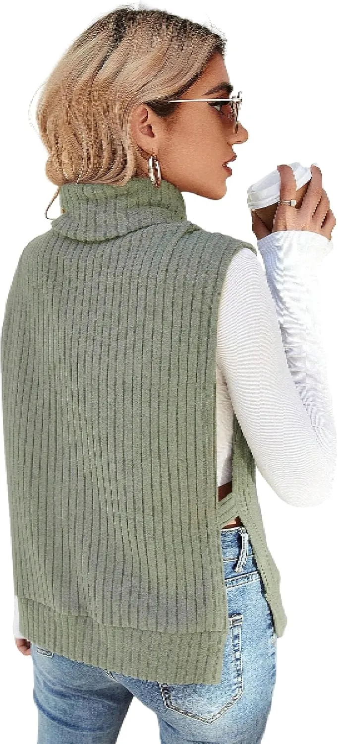 Floerns Women's Turtleneck Sleeveless Sweater Vest Rib Knit Split Hem Tank Top