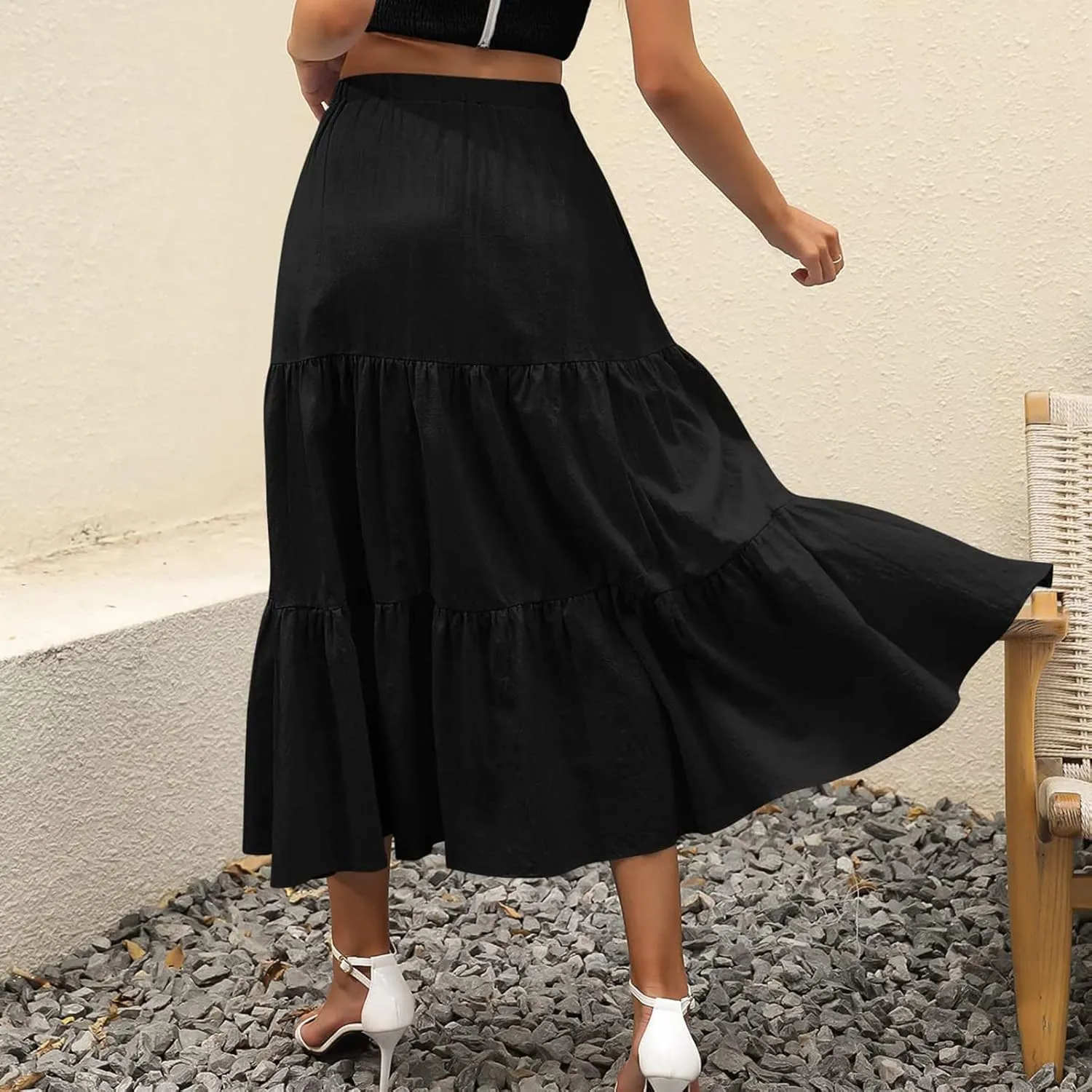 Flowy Pleated Maxi Midi Skirts for Women Casual Summer Boho Maxi Skirt Solid Color High Waisted Swing Tiered A-Line Skirt