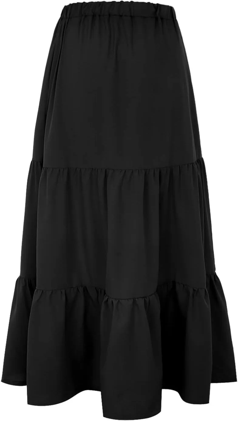 Flowy Pleated Maxi Midi Skirts for Women Casual Summer Boho Maxi Skirt Solid Color High Waisted Swing Tiered A-Line Skirt