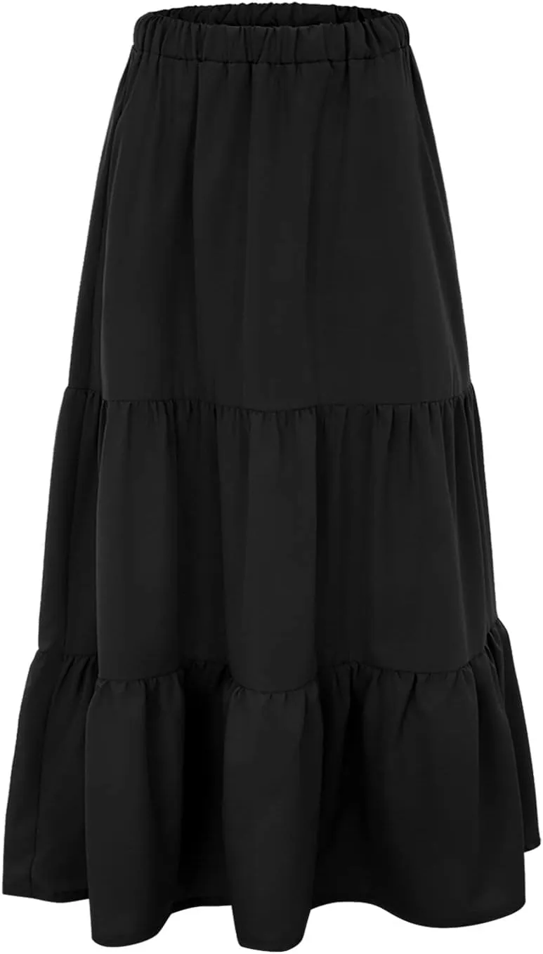Flowy Pleated Maxi Midi Skirts for Women Casual Summer Boho Maxi Skirt Solid Color High Waisted Swing Tiered A-Line Skirt