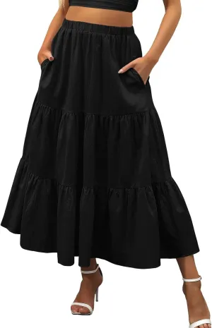 Flowy Pleated Maxi Midi Skirts for Women Casual Summer Boho Maxi Skirt Solid Color High Waisted Swing Tiered A-Line Skirt