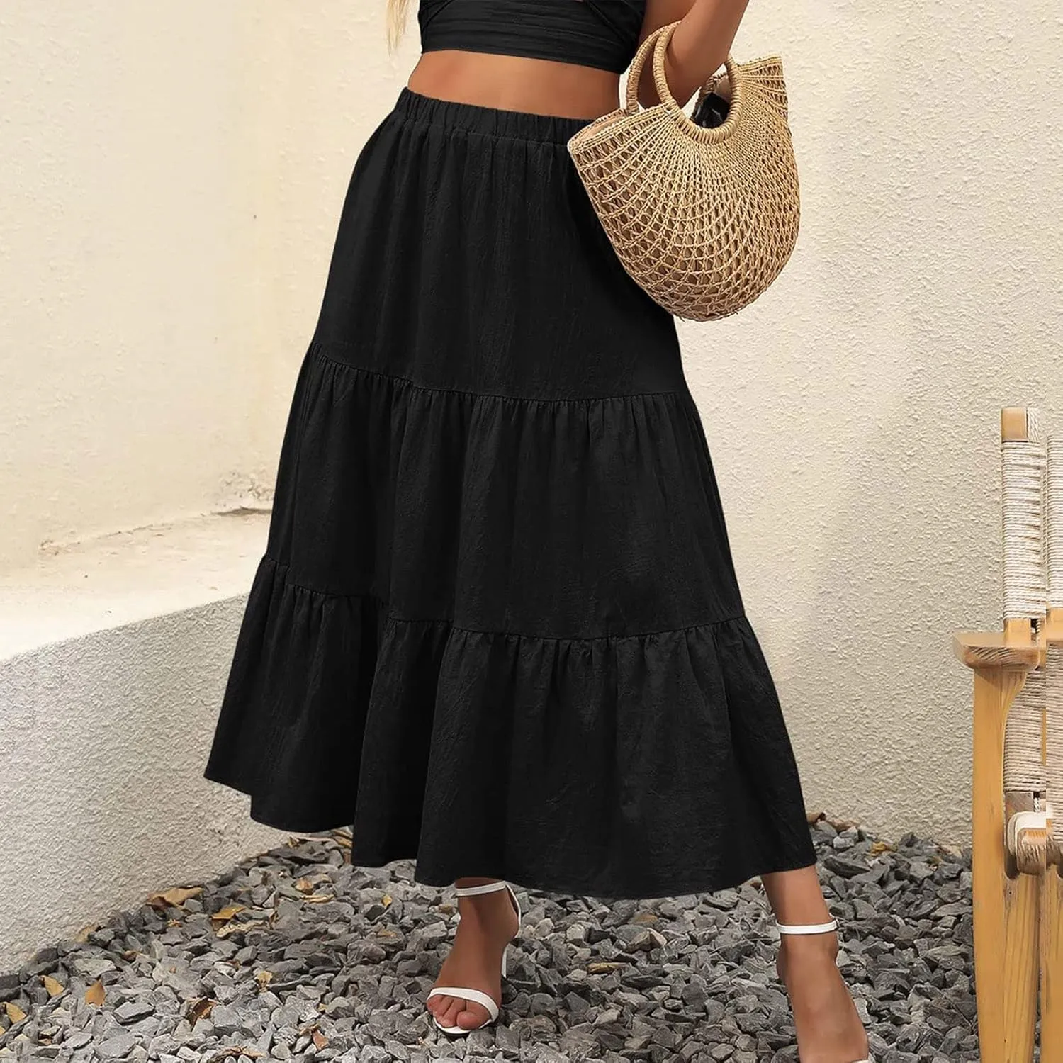 Flowy Pleated Maxi Midi Skirts for Women Casual Summer Boho Maxi Skirt Solid Color High Waisted Swing Tiered A-Line Skirt