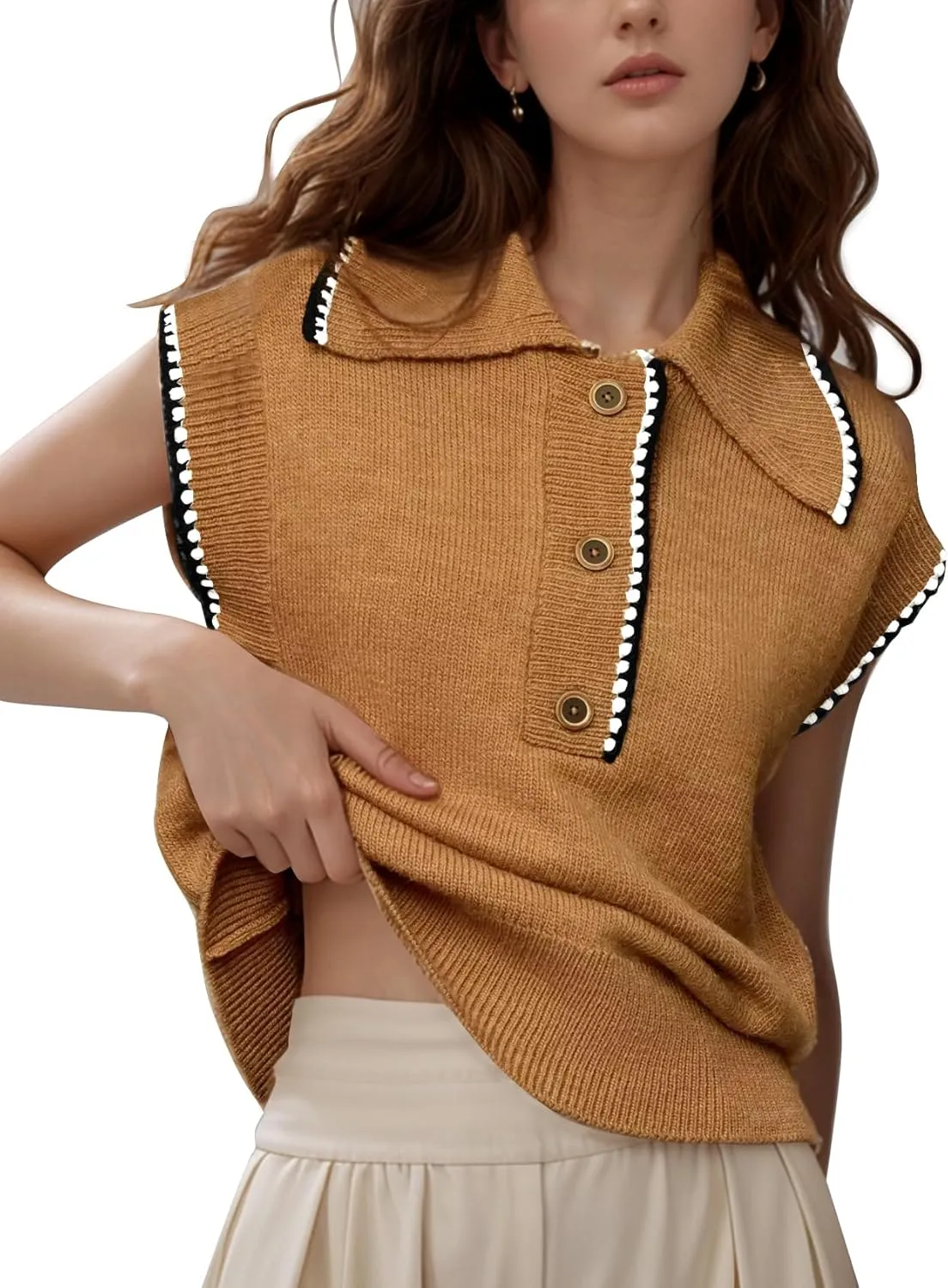 Flygo Womens Sweater Vest Lapel Button Down Sleeveless Tank Tops Cap Sleeve Knit Pullover Summer Spring Sweaters Vest Top