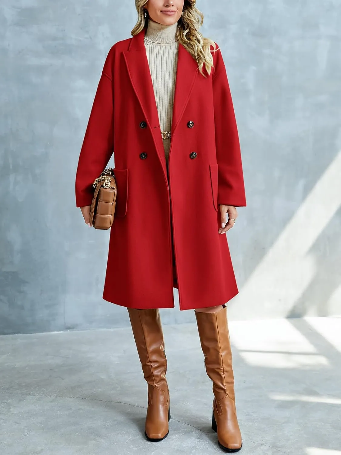 FSHAOES Womens Lapel Peacoat Winter Double-Breasted Outerwear Mid Long Jacket Casual Trench Coat