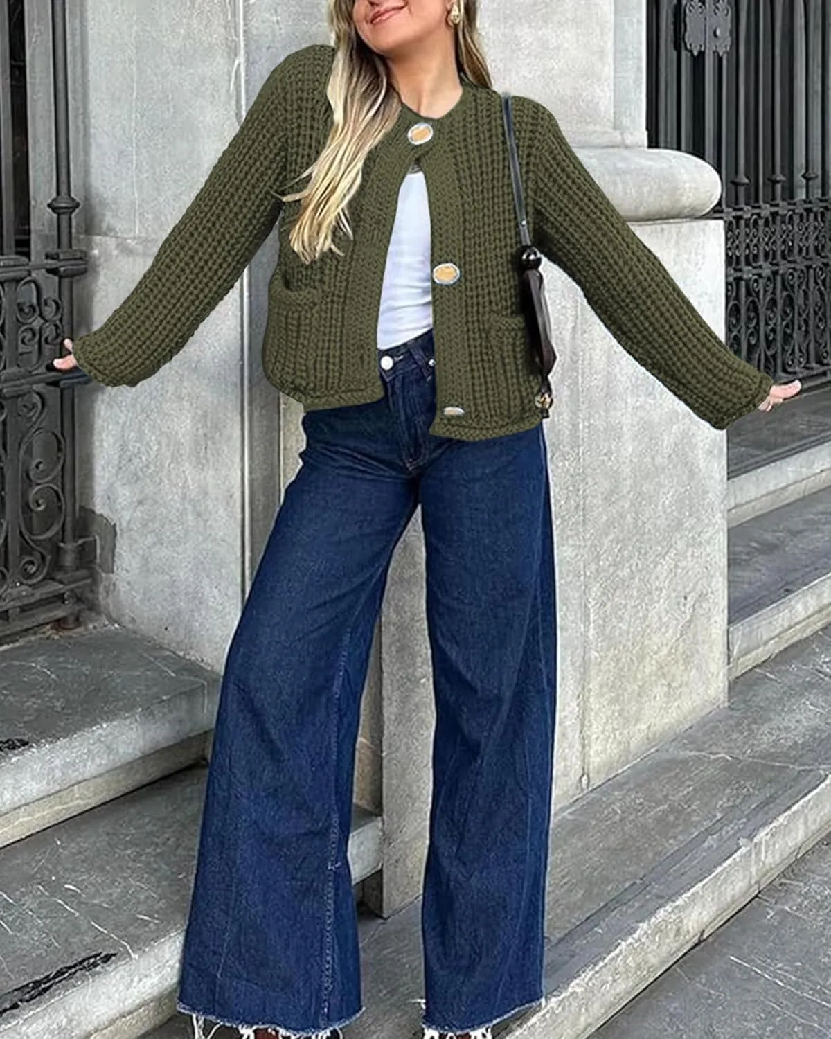 Gacaky Women's Crochet Chunky Knit Cardigan Sweater Casual Button Down Crop Tops Trendy Cardigan Sweater Jacket for Women